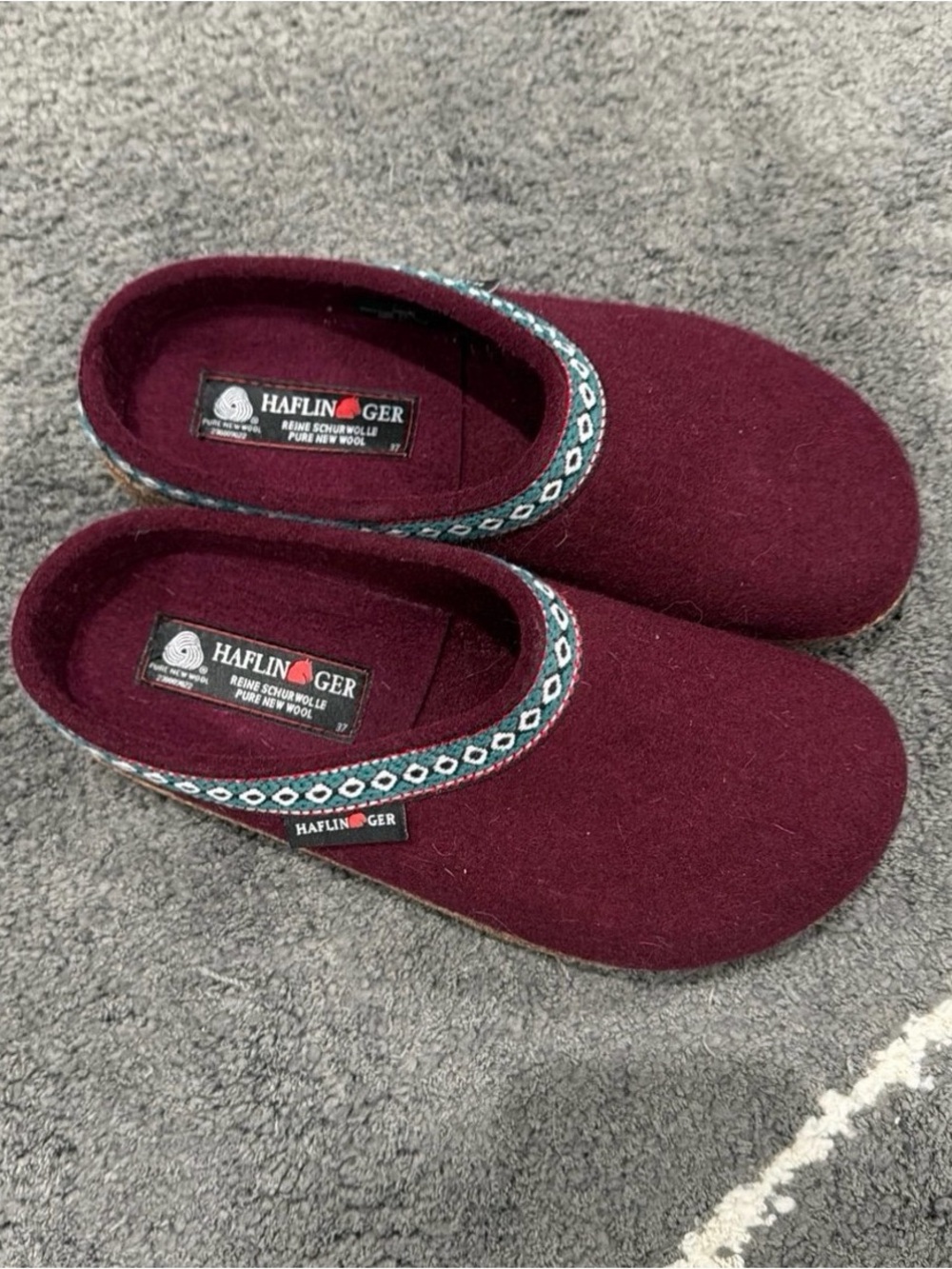 Haflinger Wine Red Wool Slip-On Clogs with Patterned Trim 37